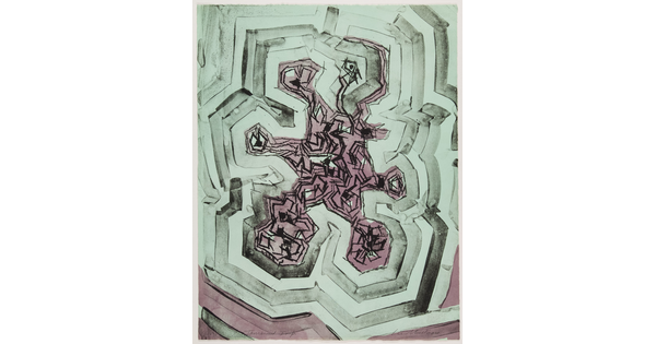 An abstract color print with angular light green patterns radiating out from a red snowflake-like form in the center.