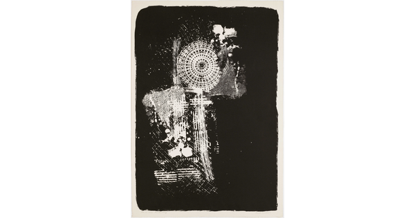 An abstract black-and-white print of a white Ferris wheel shape and other white grids and lines against a black background.