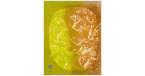 A color print of many nude, abstract women in brown and bright green with a transparent orange and yellow circles superimposed over them.