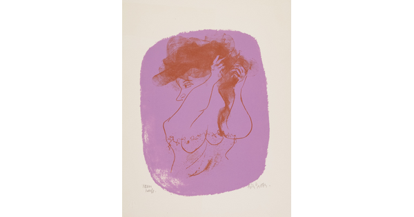 A color print of a nude woman from the torso up who is arranging her hair drawn in red on a purple background.