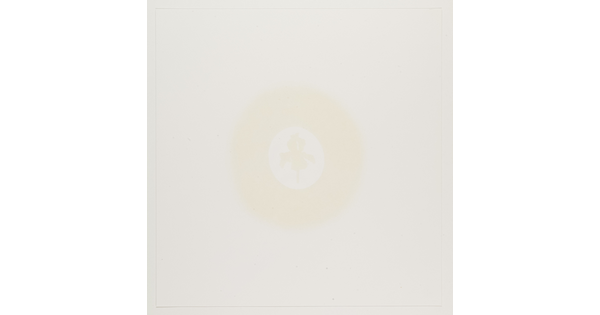 An abstract print of a thick circle enclosing a flower form, both in a faint cream color on white paper.