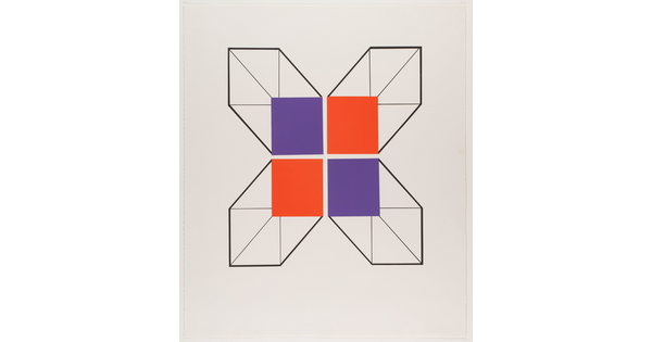 A color print of a geometric X shape with orange and purple squares at center.