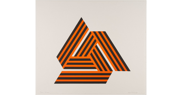 A color print of orange and black striped bands of color that form two triangular designs.