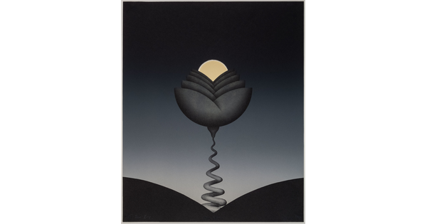 An abstract color print of a large, stylized gray and black flower emerging from between hills, with a creamy moon nestled in its petals.