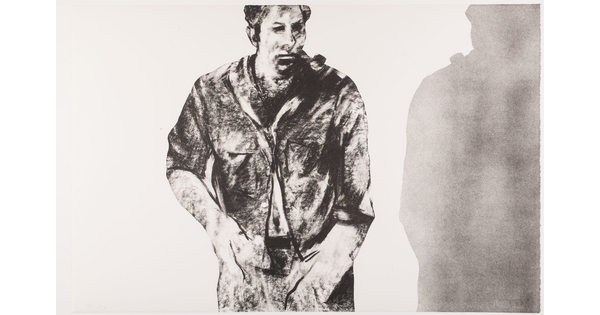 A black-and-white print of a standing, heavily textured White man with his shadow next to him.