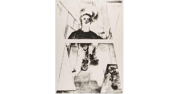 A black-and-white print of a White man's reflection slightly distorted by two mirrors: one showing him from the shoulders up and the other from his knees down.