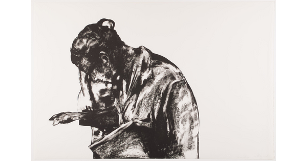 A black-and-white print of a person in profile hunched forward looking at an object they're holding.