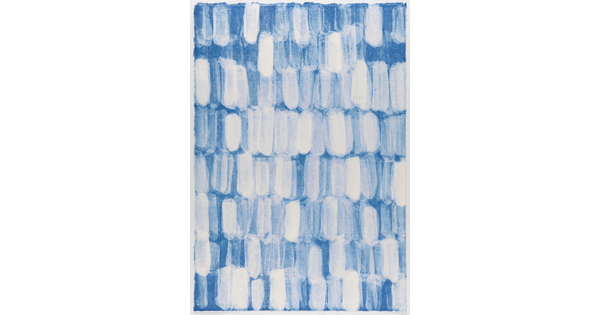 An abstract print of white irregular ovals patterned against a blue background.