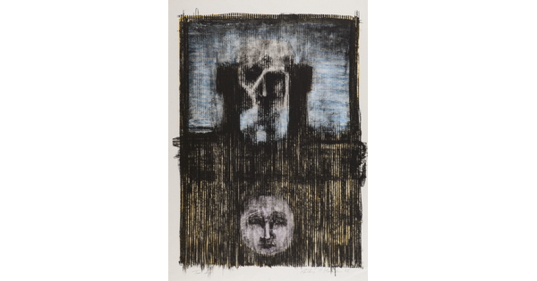 An abstract color print of blocky black and blue shapes above a white moon with a face on a black and yellow striped background.