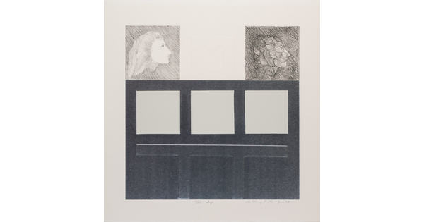 An abstract black-and-white print of two gray squares containing a head in profile above a large, dark rectangle with three gray squares placed horizontally.