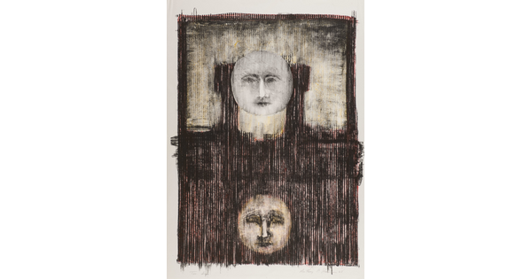 An abstract black-and-white print of two moons with faces, the moon on the top over a light background, and the moon on the bottom over a dark background.