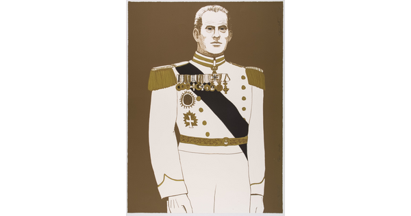 A color print of a White man in a formal military uniform decorated with many medals.