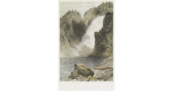 A color print of a figure climbing a rocky landscape along a river with a raging waterfall in the distance.