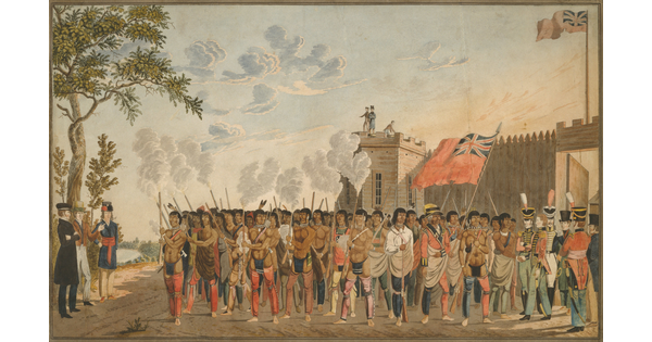A watercolor of a large group of Indigenous people and smaller groups of White soldiers standing in front of a walled fort.