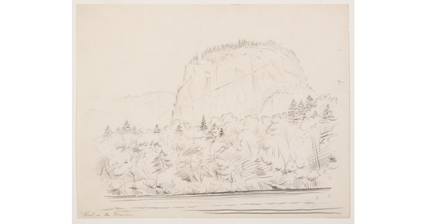 A black-and-white drawing of a rock formation hovering above a riverbank covered with trees.