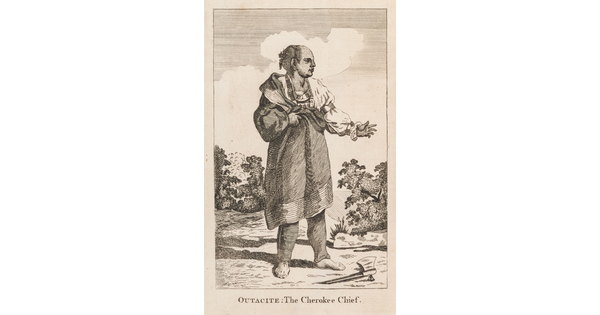 A black-and-white print portrait of an Indigenous man standing with a hatchet laying at his feet.