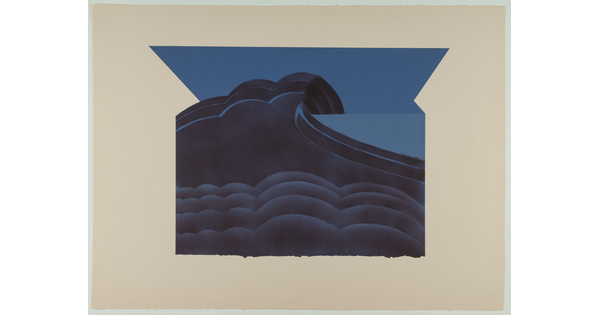 An abstract color print of dark blue, wave-like forms in an anvil-shaped form.