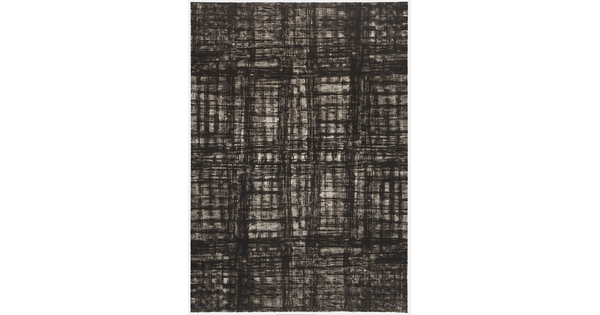 An abstract print of an irregular grid of black hash marks against a white background.