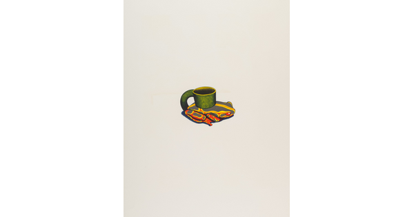 A color print of a green mug attached to the back of a yellow, red, and gray frog.