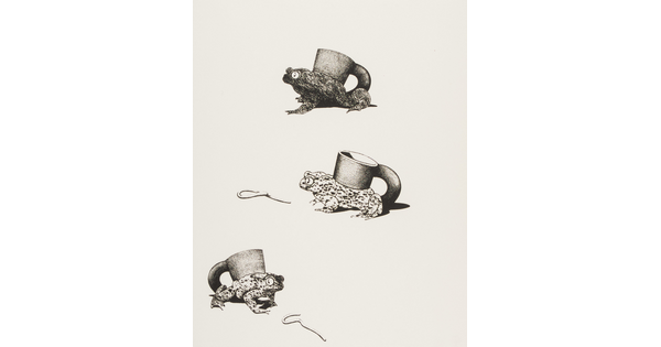 A black-and-white print of three cups with frog bases, and two of the frogs eyeing nearby worms.