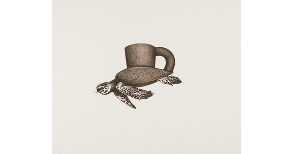 A black-and-white print of a cup with a sea turtle as its base.