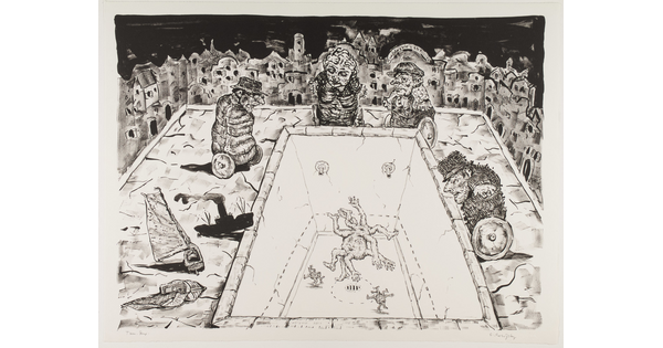 An abstract black-and-white cartoonish scene of several figures staring into an empty swimming pool with a multilegged creature at the bottom.
