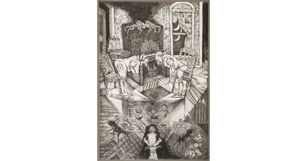 An abstract black-and-white cartoonish interior scene of two robot like figures standing in front of a piano that doubles as a fireplace, insects scattered on the floor, as a baby takes in the scene.