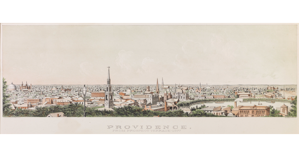 A color print of a settlement of Indigenous people with animals and tipis next to a lake in a mountain valley.