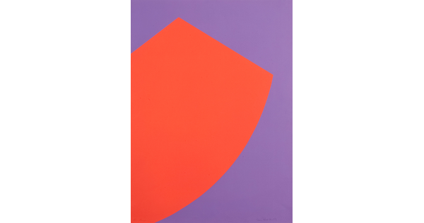 An abstract color print of an orange rectangle-like shape protruding onto a purple field.