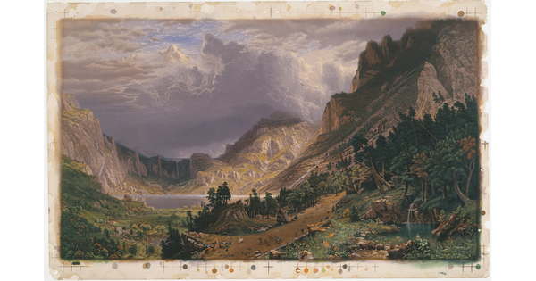 A color print of a storm coming over a treacherous mountain valley filled with large rock formations, lush greenery, and a lake.
