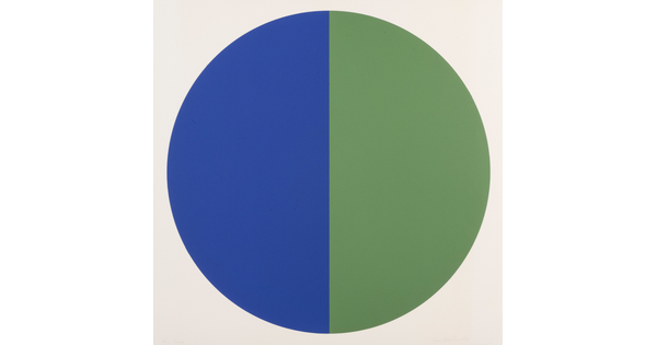 A color print of a circle, right half blue and the left half green, that fills the background.
