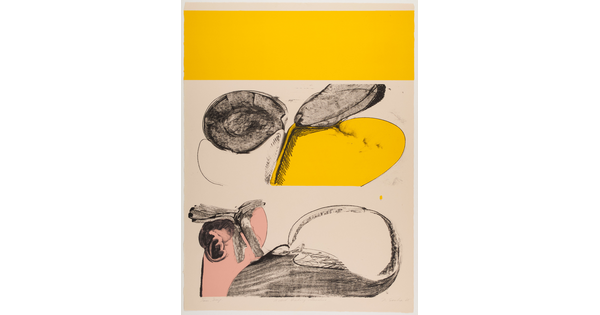 A color print of a yellow rectangle at the top, two almost-round black shapes next to a partial yellow circle in the middle, and several organic black shapes on top of a pink shape at the bottom.