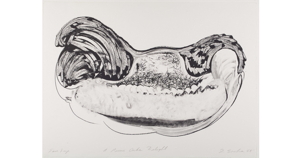 An abstract black-and-white print of a large organic shape: two upper areas filled with broad, dark strokes; a central area with lighter, thinner marks; and the rest filled with smudges.
