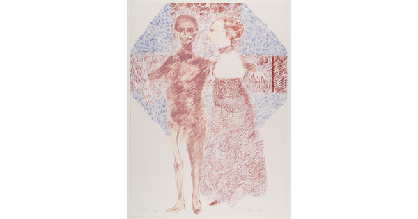 A color print of two lightly-drawn red figures, one with a skull for a head and the other wearing a dress, with a blue polygon in the background.