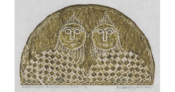 A monochromatic print of a tomb rubbing of two stylized babies next to one another, both with round heads, pointed hats, bodies covered in checkered blankets.