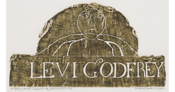 A monochromatic print of a tomb rubbing of a stylized face and torso above text that reads "LEVI GODFREY."<br />