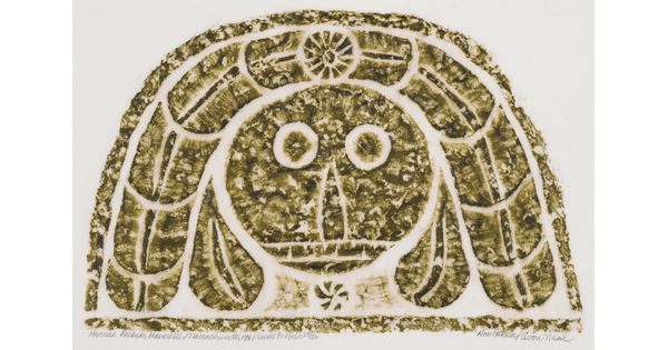 A monochromatic print of a tomb rubbing of a stylized round face under an arc of hair.<br />