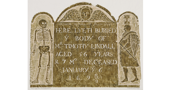 A print of a stone rubbing of a tombstone that includes text, images of a skeleton, and a winged man with an hourglass on his head.<br />
