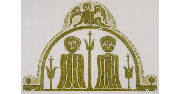 A monochromatic print of a tomb rubbing of two stylized figures enclosed in a semi-circle and an angel perched on top.<br />