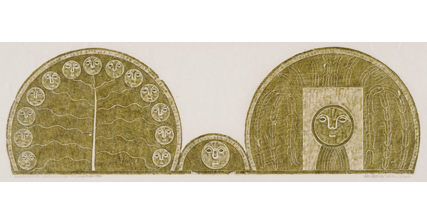 A monochromatic print of a tomb rubbing of (L-R) a semi-circle containing 13 circular faces around the perimeter; a smaller semi-circle with one face; a larger semi-circle with a face and a body.