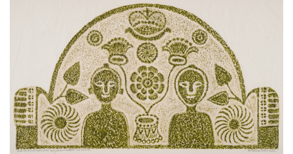 A monochromatic print of a tomb rubbing of two stylized figures surrounded by floral forms within a semi-circle.