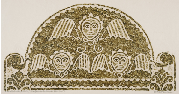 A monochromatic print of a tomb rubbing of three stylized faces with wings protruding from their sides within a semi-circle.