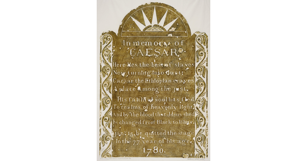 A color print of a tomb rubbing of an inscription "In memory of Caesar."