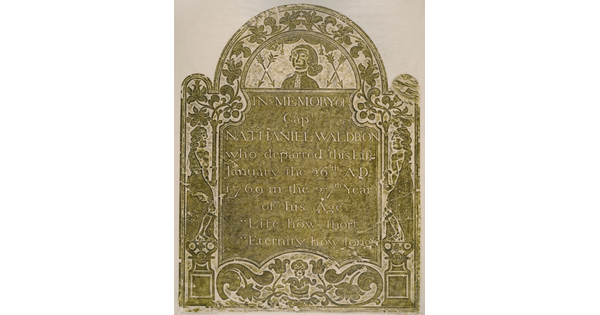 A color print of a tomb rubbing in olive green showing an inscription surrounded by botanic scrollwork motifs and three human figures.