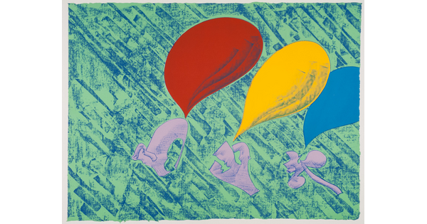 A brightly-colored abstract print with three lavender forms underneath three balloons in red, yellow, and blue on a greenish-blue background.