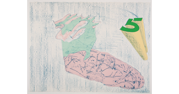 An abstract color print of organic shapes in pink and light green and a bright green three-dimensional number 5 against a blue striped background.