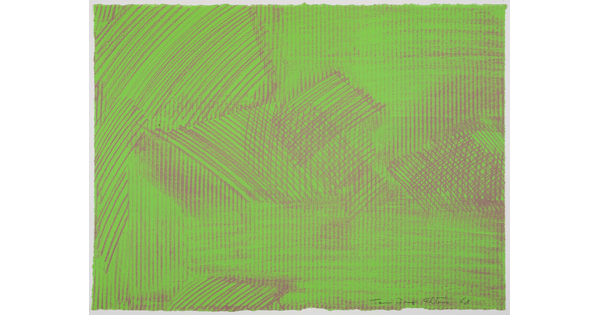 An abstract color print of reddish-gray hash marks against a green background.