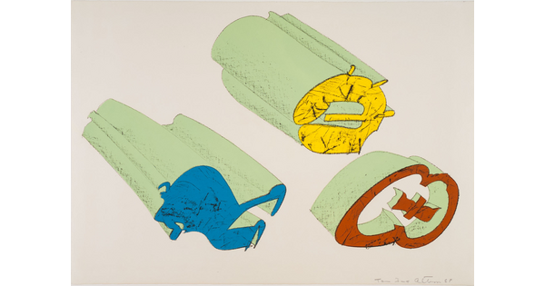 An abstract color print of organic shapes in blue, yellow, and red that have been made to appear three-dimensional with light green sides.