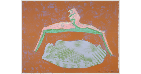 An abstract color print of an angled pink and green shape hovering over an organic blue and green shape, all on a textured brown background.