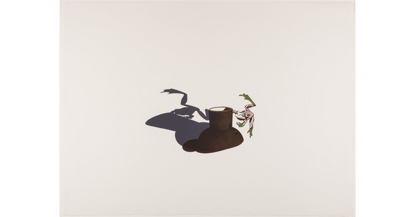 A color print of a green and brown frog leaping from brown cup and their harsh shadows opposite them.